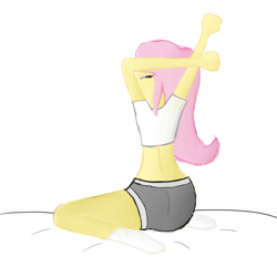 Size: 3000x3000 | Tagged: safe, artist:happyb0y95, fluttershy, human, equestria girls, g4, ass, bed, butt, clothes, cute, eyes closed, female, high res, midriff, shirt, shorts, shyabetes, simple background, socks, solo, stretching, white background