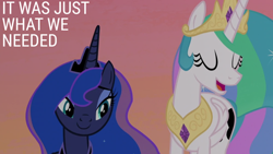 Size: 2000x1125 | Tagged: safe, edit, edited screencap, editor:quoterific, screencap, princess celestia, princess luna, alicorn, pony, a royal problem, g4, season 7, crown, duo, duo female, eyebrows, eyes closed, female, folded wings, jewelry, mare, open mouth, open smile, regalia, royal sisters, siblings, sisters, smiling, sunset, swapped cutie marks, talking, wings