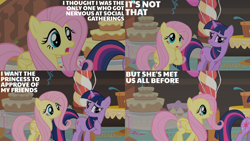 Size: 2000x1125 | Tagged: safe, edit, edited screencap, editor:quoterific, screencap, fluttershy, twilight sparkle, pegasus, pony, unicorn, a bird in the hoof, g4, adorkable, balloon, cake, confetti, confused, cupcake, cute, dork, duo, duo female, female, food, frown, grin, implied princess celestia, mare, nervous, nervous smile, open mouth, open smile, shyabetes, smiling, streamers, twiabetes, unicorn twilight