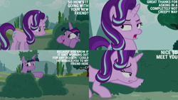 Size: 4400x2475 | Tagged: safe, edit, edited screencap, editor:quoterific, screencap, starlight glimmer, twilight sparkle, alicorn, pony, unicorn, g4, no second prances, annoyed, bush, bushicorn, duo, duo female, female, frown, grin, hiding, irritated, looking at each other, looking at someone, looking back, mare, open mouth, open smile, smiling, spying, starlight glimmer is not amused, twilight bushel, twilight sparkle (alicorn), twilight stalker, unamused