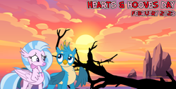 Size: 2064x1049 | Tagged: safe, artist:cloudy glow, artist:dashiesparkle, artist:not-yet-a-brony, gallus, silverstream, griffon, hippogriff, g4, 2023, beach, cloud, driftwood, february, female, friends, friendship, hearts and hooves day, holiday, implied shipping, lyrics in the description, male, ocean, rock, ship:gallstream, shipping, song in the description, song reference, straight, sun, tree branch, valentine's day, water, youtube link in the description