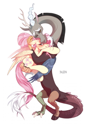 Size: 1633x2257 | Tagged: safe, artist:sweet julien, discord, fluttershy, draconequus, pegasus, pony, g4, 2021, emotional, female, floppy ears, holding, holding a pony, hug, male, old art, one eye closed, one eye open, ship:discoshy, shipping, simple background, straight, white background