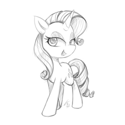 Size: 1200x1200 | Tagged: safe, artist:t15, rarity, pony, unicorn, g4, female, full body, looking at you, signature, simple background, sketch, smiling, smiling at you, solo, walking, white background