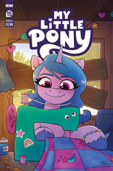 Size: 2063x3131 | Tagged: safe, artist:robin easter, idw, official comic, izzy moonbow, pony, unicorn, g5, official, spoiler:comic, spoiler:g5, spoiler:g5comic, spoiler:g5comic15, blanket, coat markings, comic cover, female, googly eyes, high res, mare, my little pony logo, scissors, sewing, sewing machine, signature, solo