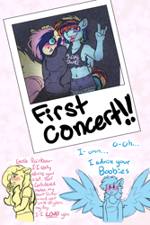 Size: 2000x3000 | Tagged: safe, artist:plushieefeelfeelings, fluttershy, rainbow dash, pegasus, anthro, g4, belly button, blushing, blushing profusely, breasts, busty fluttershy, clothes, devil horn (gesture), dialogue, female, hair dye, high res, lesbian, mare, midriff, polaroid, ship:flutterdash, shipping, spread wings, striped mane, sweater, tank top, teenager, wingboner, wings