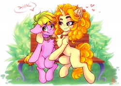 Size: 2048x1448 | Tagged: safe, artist:falafeljake, adagio dazzle, oc, oc:peach cobbler, pony, comic:we will be adored, g4, bench, blushing, canon x oc, chest fluff, collar, cute, female, gem, male, peadagio, ponified, shipping, siren gem, straight