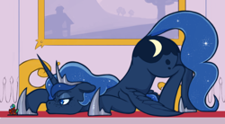 Size: 2480x1366 | Tagged: safe, artist:wild-thunder06, princess luna, alicorn, pony, g4, adorable face, butt, cute, dock, face down ass up, female, floppy ears, freckles, hoof shoes, mare, nose wrinkle, playing, plot, solo, tail, warhammer (game), warhammer 40k