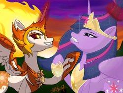 Size: 2000x1500 | Tagged: artist needed, safe, daybreaker, twilight sparkle, alicorn, pony, g4, the last problem, duo, ethereal mane, evil grin, female, grin, hoof shoes, mare, older, older twilight, older twilight sparkle (alicorn), peytral, princess twilight 2.0, raised hoof, smiling, starry mane, twilight sparkle (alicorn)