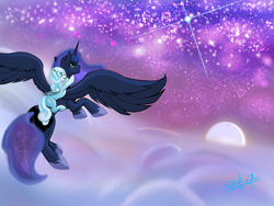 Size: 2000x1500 | Tagged: safe, princess luna, oc, oc:snowdrop, alicorn, pegasus, pony, g4, blue mane, blue skin, cloud, cyan eyes, cyan mane, cyan skin, flying, moon, night, ponies riding ponies, riding, smiling, spread wings, starry night, starry sky, stars, white eyes, wings