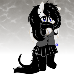 Size: 1081x1081 | Tagged: safe, artist:cutiesparke, oc, oc only, oc:ocean eyes, pegasus, semi-anthro, arm hooves, bags under eyes, black mane, blue eyes, clothes, ear piercing, earring, female, gradient background, hoof heart, jewelry, piercing, scarf, skirt, solo, underhoof, white fur