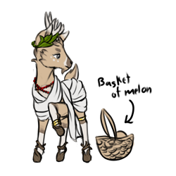 Size: 2048x2048 | Tagged: safe, artist:multiverseequine, derpibooru exclusive, oc, oc only, oc:hemmingway, deer, pony, antlers, bangles, basket, beads, clothes, daybreak island, food, full body, gray eyes, high res, laurel wreath, male, melon, shoes, simple background, socks, solo, text, toga, transparent background