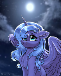 Size: 2000x2500 | Tagged: safe, artist:silverfir, princess luna, alicorn, pony, g4, female, filly, floppy ears, foal, high res, moon, night, s1 luna, sad, sitting, solo, spread wings, wings, woona, younger