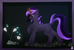 Size: 4000x2700 | Tagged: safe, artist:floirish, oc, oc:exo_sphere, fly, insect, kirin, butt, chest fluff, crystal, crystal hair, crystal tail, dock, flower, glowing, glowing horn, grass, horn, kirin oc, light, plot, simple background, solo, tail