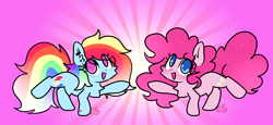 Size: 1024x469 | Tagged: safe, artist:cutiesparke, pinkie pie, rainbow dash, earth pony, pony, cupcakes hd, fanfic:cupcakes, g4, alternate cutie mark, alternate hairstyle, chest fluff, cute, dancing, dashabetes, diapinkes, duo, ear fluff, gradient mane, hoof heart, looking at you, magenta background, sparkly mane, standing on two hooves, underhoof