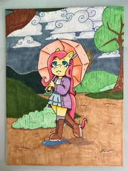 Size: 3024x4032 | Tagged: safe, artist:reedybeardraws, fluttershy, pegasus, anthro, plantigrade anthro, g4, female, looking up, rain, smiling, solo, traditional art, umbrella