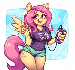 Size: 1400x1313 | Tagged: safe, artist:goobone, artist:gooboneart, fluttershy, pegasus, anthro, g4, breasts, busty fluttershy, cellphone, clothes, death grips, earbuds, female, open mouth, open smile, phone, shirt, shorts, simple background, smartphone, smiling, solo, sports shorts, t-shirt, thighs, white background, wings