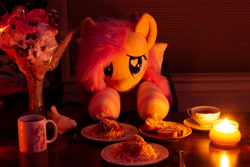 Size: 5184x3456 | Tagged: safe, artist:bugplayer, artist:natureshy, artist:qtpony, fluttershy, pegasus, pony, g4, candle, clothes, cute, date, date night, dinner, fluttershy plushie, food, heart, heart eyes, hearts and hooves day, holiday, irl, looking at you, pasta, photo, photography, plushie, pony plushie, socks, spaghetti, striped socks, valentine's day, waifu, waifu dinner, wingding eyes