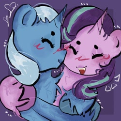 Size: 2048x2048 | Tagged: safe, artist:stanleyiffer, starlight glimmer, trixie, pony, unicorn, g4, blushing, chest fluff, eyes closed, female, heart, high res, hug, lesbian, nuzzling, open mouth, open smile, ship:startrix, shipping, smiling