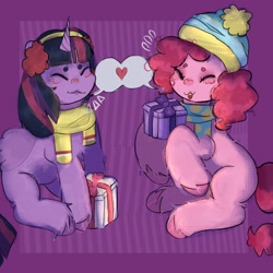 Size: 2048x2048 | Tagged: safe, artist:stanleyiffer, pinkie pie, twilight sparkle, alicorn, earth pony, pony, g4, blushing, clothes, eyes closed, female, hat, heart, high res, lesbian, scarf, ship:twinkie, shipping, sitting, smiling, twilight sparkle (alicorn)