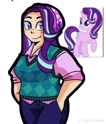 Size: 912x1071 | Tagged: safe, artist:binturita, starlight glimmer, human, pony, unicorn, equestria girls, g4, clothes, simple background, smiling, standing, white background