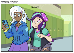 Size: 1280x920 | Tagged: safe, artist:binturita, part of a set, starlight glimmer, trixie, human, equestria girls, g4, clothes, dark skin, female, human coloration, lesbian, phone, ship:startrix, shipping, smiling, text