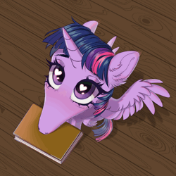 Size: 1080x1080 | Tagged: safe, artist:eiirine, artist:glastalinka, twilight sparkle, alicorn, pony, adorawat, animated, big eyes, blushing, book, cute, didn't i do it for you, ear fluff, gif, heart, heart eyes, hoers, long snout, looking at you, meme, mouth hold, solo, spread wings, twiabetes, twilight sparkle (alicorn), wingding eyes, wings