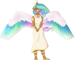 Size: 1024x823 | Tagged: safe, artist:princessfaeron, princess celestia, human, g4, clothes, colored wings, dress, elf ears, humanized, moderate dark skin, multicolored wings, simple background, solo, transparent background, winged humanization, wings