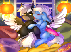 Size: 2801x2046 | Tagged: safe, artist:yuris, oc, oc only, oc:midnight serenity, bat pony, changeling, pegasus, pony, bed, changeling oc, chinese lantern, commission, duo, ears up, fangs, female, floppy ears, frog (hoof), garland, high res, lantern, lying down, male, night, open mouth, paper lantern, pillow, room, smiling, spread wings, tongue out, underhoof, window, wings