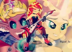 Size: 1024x746 | Tagged: safe, artist:wakanqi10, edit, sunset shimmer, demon, human, equestria girls, g4, clothes, daydream shimmer, duality, electric guitar, female, guitar, multeity, musical instrument, ponied up, solo, sunset satan