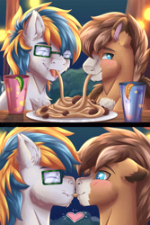 Size: 3000x4500 | Tagged: safe, artist:fkk, oc, oc only, oc:acer runner, oc:barnstorme, hybrid, pegasus, pony, blushing, chest fluff, commission, ear fluff, fangs, gay, glasses, holiday, hybrid oc, kissing, love, male, oc x oc, shipping, shy, stallion, valentine's day, ych result