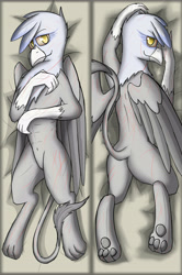 Size: 3522x5313 | Tagged: safe, alternate version, artist:somber, griffon, fallout equestria, body pillow, butt, featureless crotch, female, muscles, plot, raider, scar