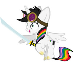 Size: 917x871 | Tagged: safe, artist:goldenfoxda, oc, oc:lightning bliss, aviator goggles, cute, goggles, katana, ocbetes, simple background, sword, transparent background, weapon