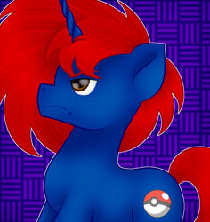 Size: 2400x2541 | Tagged: safe, artist:vivi's corner, oc, oc only, pony, unicorn, abstract background, blue fur, brown eyes, high res, horn, poké ball, pokémon, present, red hair, red tail, solo, tail