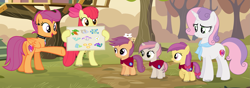 Size: 3497x1236 | Tagged: safe, artist:pastelnightyt, apple bloom, scootaloo, sweetie belle, oc, oc:apple jazz, oc:lightning strike, oc:pixel music, pony, g4, base used, bipedal, butt, clubhouse, crusaders clubhouse, cutie mark crusaders, grin, group, high res, offspring, older, older apple bloom, older cmc, older scootaloo, older sweetie belle, open mouth, open smile, parent:apple bloom, parent:rumble, parent:scootaloo, parent:tender taps, parents:rumbloo, parents:tenderbloom, plot, scootabutt, sextet, signature, smiling