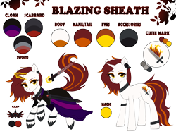 Size: 4312x3280 | Tagged: safe, artist:avrameow, oc, oc only, oc:blazing sheath, pony, unicorn, chest fluff, clasp, clothes, ear fluff, ear piercing, earring, eyebrows, eyeshadow, female, highlights, horn, jewelry, leg fluff, leg rings, looking at you, magic, magic aura, makeup, mare, piercing, reference sheet, robe, scabbard, shoes, simple background, sword, text, transparent background, unicorn oc, weapon