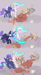 Size: 3000x5432 | Tagged: safe, artist:ja0822ck, discord, princess celestia, princess luna, alicorn, pony, g4, asexual reproduction, bisection, cake, cutie mark swap, cyriak, discord being discord, female, food, gordian knot, knife, mare, not salmon, wat