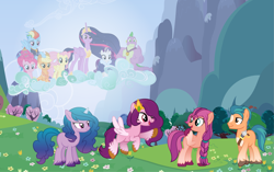 Size: 3613x2274 | Tagged: safe, artist:pastelnightyt, applejack, fluttershy, hitch trailblazer, izzy moonbow, pinkie pie, pipp petals, rainbow dash, rarity, spike, sunny starscout, twilight sparkle, alicorn, dragon, earth pony, ghost, pegasus, pony, undead, unicorn, g4, g5, my little pony: a new generation, the last problem, cloud, cloven hooves, female, g5 to g4, generation leap, gigachad spike, high res, jewelry, lidded eyes, male, mane seven, mane six, mare, old art, older, older applejack, older fluttershy, older mane seven, older mane six, older pinkie pie, older rainbow dash, older rarity, older spike, older twilight, older twilight sparkle (alicorn), princess twilight 2.0, regalia, show accurate, skunk stripe, stallion, twilight sparkle (alicorn)