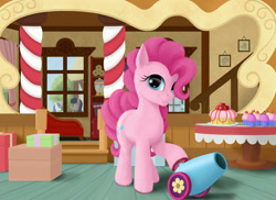 Size: 2475x1800 | Tagged: safe, artist:xodok, pinkie pie, earth pony, pony, series:ponyashnost, g4, box, cake, cupcake, food, indoors, looking at you, party cannon, present, smiling