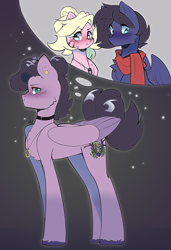 Size: 2319x3388 | Tagged: safe, artist:pledus, oc, oc only, oc:fenris ebonyglow, oc:kara waypoint, earth pony, pegasus, pony, blushing, clothes, ear piercing, earring, female, fusion, high res, jewelry, male, mare, necklace, piercing, scarf, scrunchy face, simple background, stallion, thought bubble