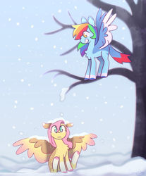 Size: 1004x1213 | Tagged: source needed, safe, artist:cometiny, fluttershy, rainbow dash, pegasus, pony, g4, alternate design, chest fluff, coat markings, colored eartips, colored hooves, colored wings, cute, dashabetes, duo, female, floppy ears, grin, large wings, looking at someone, mare, no pupils, outdoors, prank, shyabetes, sitting, smiling, snow, snowfall, socks (coat markings), spread wings, standing, tree, two toned wings, varying degrees of amusement, wavy mouth, wings, winter, wrong eye color