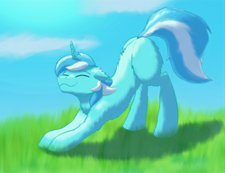 Size: 988x761 | Tagged: safe, artist:gosha305, lyra heartstrings, pony, unicorn, g4, :3, behaving like a cat, colored, eyes closed, female, full body, grass, grass field, happy, missing cutie mark, solo, stretching