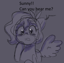 Size: 682x667 | Tagged: safe, anonymous artist, pipp petals, pegasus, pony, series:anorexic sunny, g5, concerned, female, hoof on chin, implied sunny starscout, mare, offscreen character, solo, spread wings, talking, wings