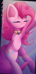 Size: 1055x2160 | Tagged: safe, artist:miryelis, part of a set, pinkie pie, earth pony, pony, g4, big ears, element of laughter, eyes closed, full body, gem, gradient background, impossibly large ears, rainbow, raised hoof, smiling, solo, text