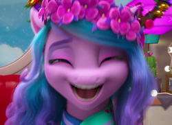 Size: 1480x1080 | Tagged: safe, screencap, izzy moonbow, pony, unicorn, g5, my little pony: make your mark, my little pony: make your mark chapter 3, winter wishday, spoiler:g5, spoiler:winter wishday, cropped, female, floral head wreath, flower, funny face, great moments in animation, laughing, looking at you, mare, open mouth, solo