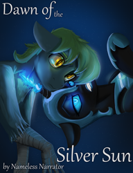 Size: 1860x2422 | Tagged: safe, artist:queen-razlad, nightmare moon, oc, oc:straw basket, hippogriff, pony, fanfic:dawn of the silver sun, g4, cover art, fanfic, fanfic art, fanfic cover, floating, glowing, magic