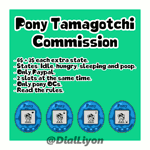 Size: 1000x1000 | Tagged: safe, artist:dialliyon, oc, oc:dial liyon, pony, unicorn, advertisement, animated, commission info, commission open, gif, happy, horn, hungry, loop, male, perfect loop, pixel art, simple background, sleeping, tamagotchi, text, unicorn oc, video game