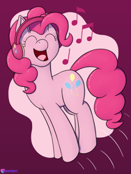 Size: 1500x1995 | Tagged: safe, artist:passionpanther, pinkie pie, earth pony, pony, series:ponies with headphones, g4, cheerful, eyes closed, happy, headphones, jumping, music, music notes, open mouth, open smile, singing, smiling, solo