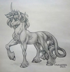 Size: 2097x2160 | Tagged: safe, artist:dementra369, oc, oc only, oc:spring wind, pony, unicorn, chest fluff, curved horn, grayscale, high res, horn, leonine tail, monochrome, solo, tail, tail fluff, traditional art, unshorn fetlocks