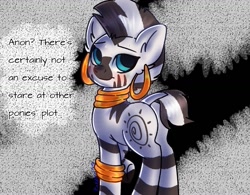 Size: 1281x1000 | Tagged: safe, anonymous artist, derpibooru exclusive, zecora, zebra, g4, blushing, butt, cute, female, implied anon, looking at you, looking back, photo, plot, rhyme, signature, smiling, smiling at you, solo, zecorable, zecorass
