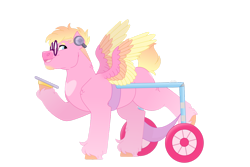 Size: 1280x854 | Tagged: safe, artist:itstechtock, oc, oc:binny hop, pegasus, pony, g5, colored wings, glasses, male, multicolored wings, ponysona, simple background, solo, stallion, transparent background, wheelchair, wings